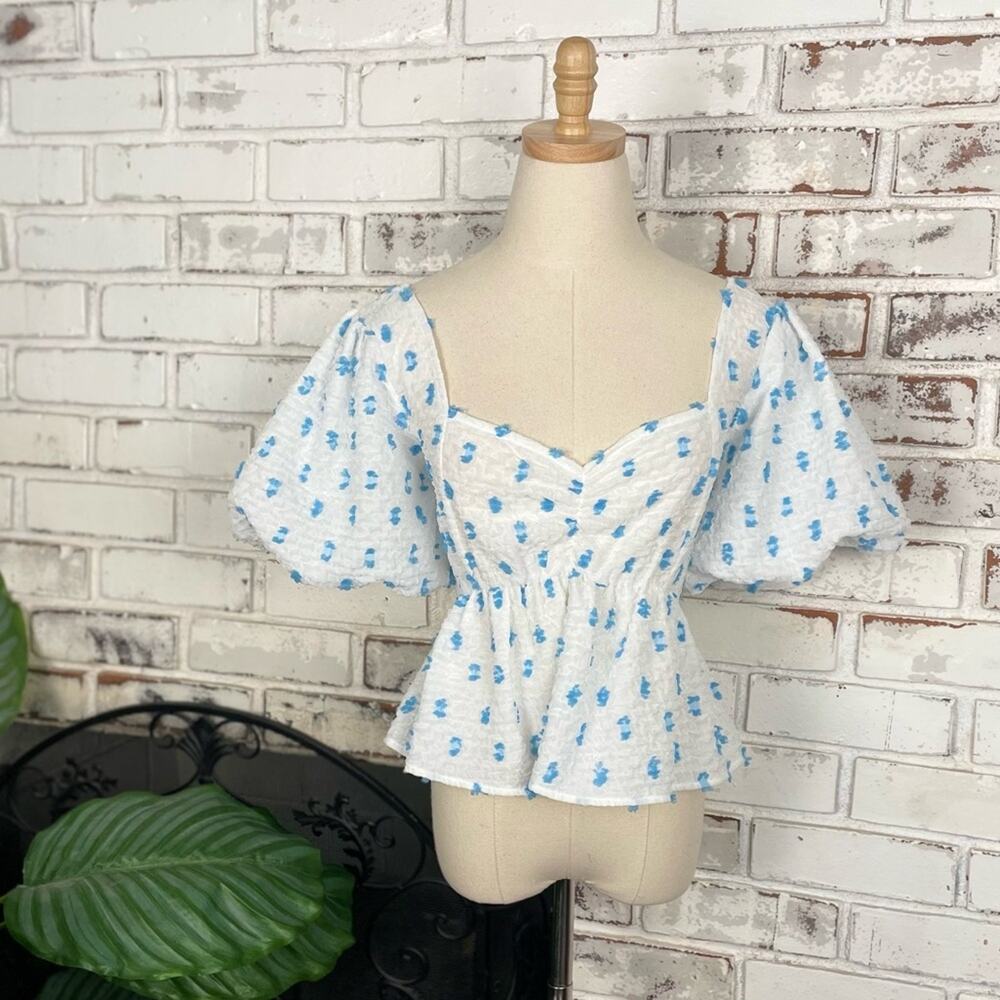 Lizard Thicket Soft Blue White Dot Short Puff Sleeve Peplum Blouse Top Small